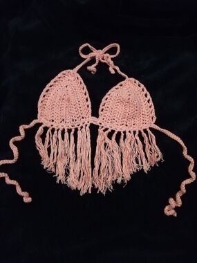 Handmade Crochet Fringe Bikini Style Festival Top - Coral Pink